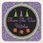 Throw The Dice Witches Halloween Sparkle Bunco Square Paper Coaster<br><div class="desc">Fun faux sparkle glitter look napkins For Your Halloween Bunco or Bunko event. Bunco players will laugh at this humorous quote. Throw The Dice Witches features three fun Witches Hats and three Bunco Dice that features a flying witch on her broomstick.This design will also work for a casino game night....</div>