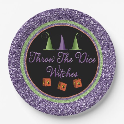 Throw The Dice Witches Purple Sparkle Bunco Paper Plates