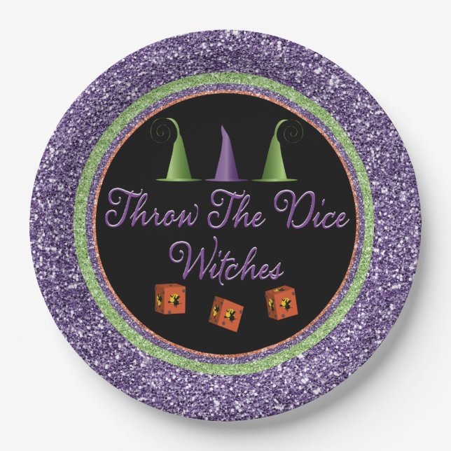 Throw The Dice Witches Purple Sparkle Bunco Paper Plates (Front)