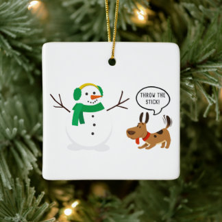 Throw The Stick Snowman & Dog Cute Funny Christmas Ceramic Ornament