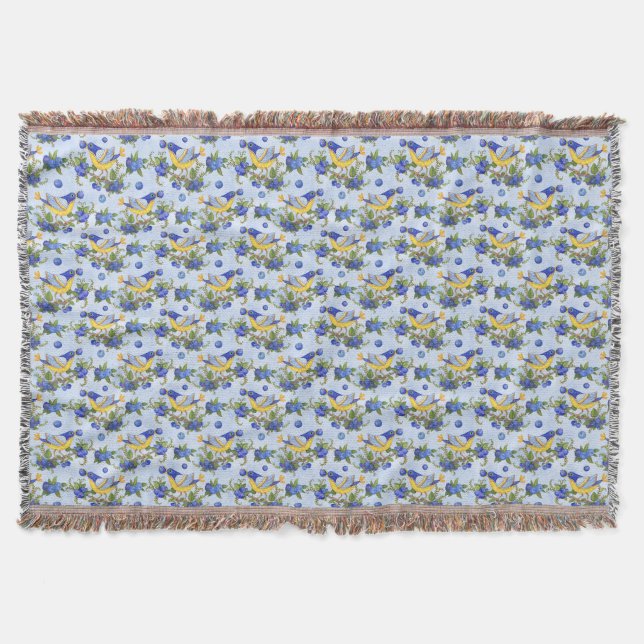 Throw Whimsical Bird & Blueberries Blue Yellow Throw Blanket (Front)
