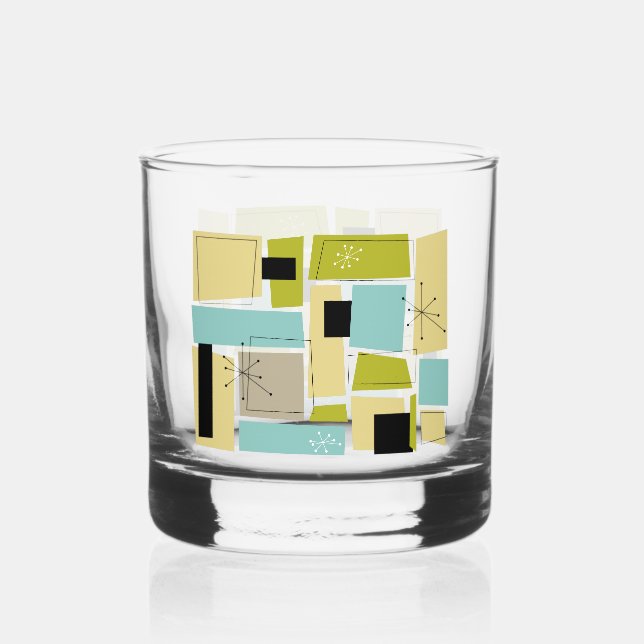 Throwback Aqua Blue Yellow Rectangles Mid Century Whiskey Glass (Front)