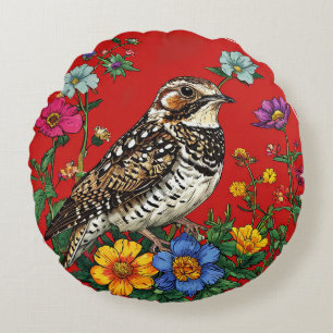 Thrush Bird Wildflowers on Red Backdrop Round Pillow