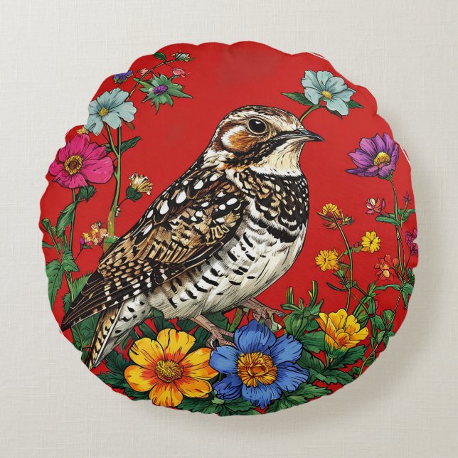 Thrush Bird Wildflowers on Red Backdrop Round Pillow (Front)