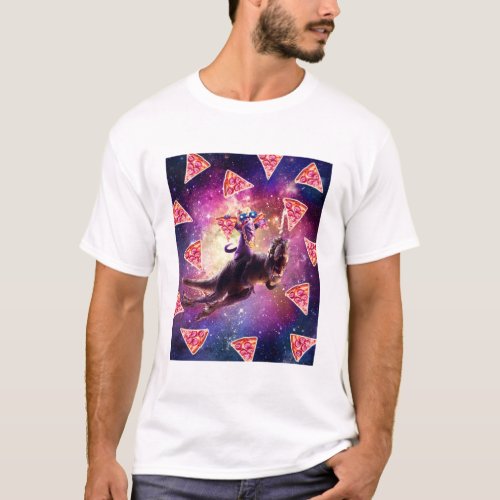 Thug Space Cat On Dinosaur Unicorn _ Pizza T_Shirt