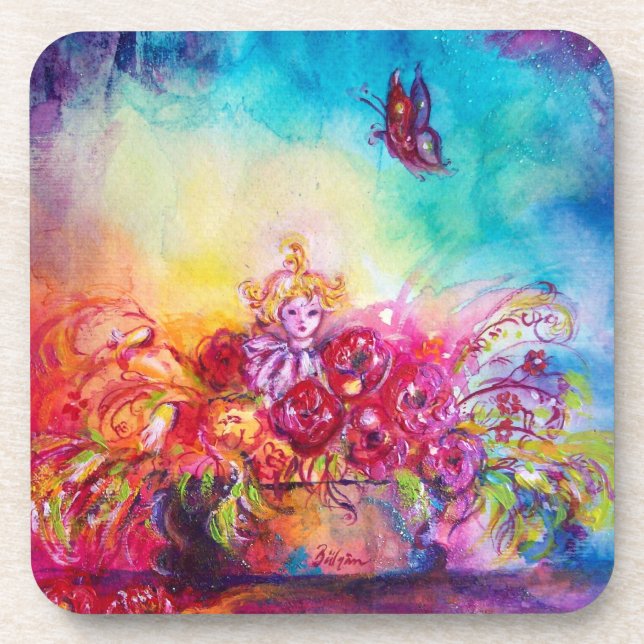 THUMBELINA ,FLOWER BASKET AND BUTTERFLY BEVERAGE COASTER (Front)