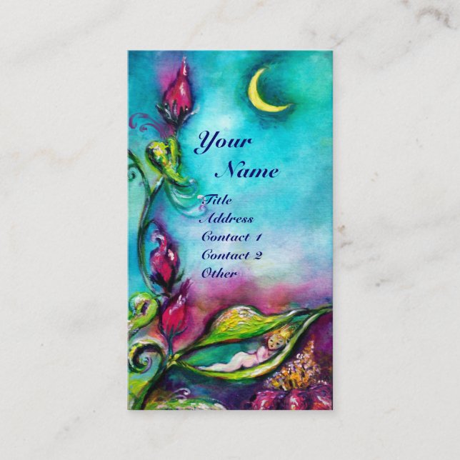 THUMBELINA SLEEPING BETWEEN ROSE LEAVES BUSINESS CARD (Front)
