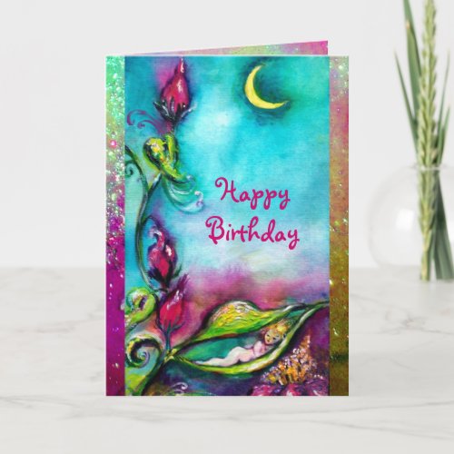 THUMBELINA SLEEPING BETWEEN ROSE LEAVES CARD