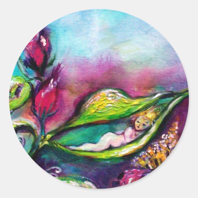 THUMBELINA SLEEPING BETWEEN ROSE LEAVES CLASSIC ROUND STICKER (Front)