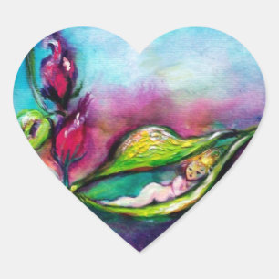 THUMBELINA SLEEPING BETWEEN ROSE LEAVES HEART STICKER