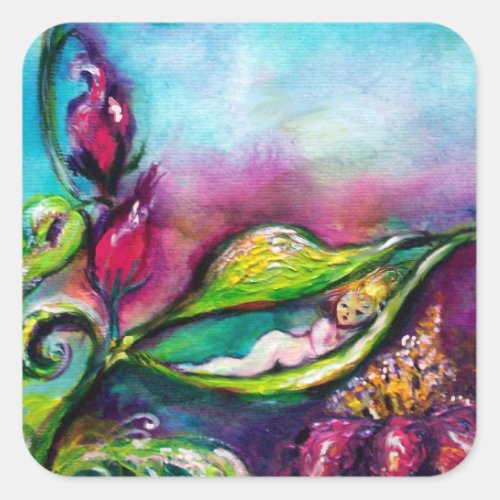 THUMBELINA SLEEPING BETWEEN ROSE LEAVES SQUARE STICKER