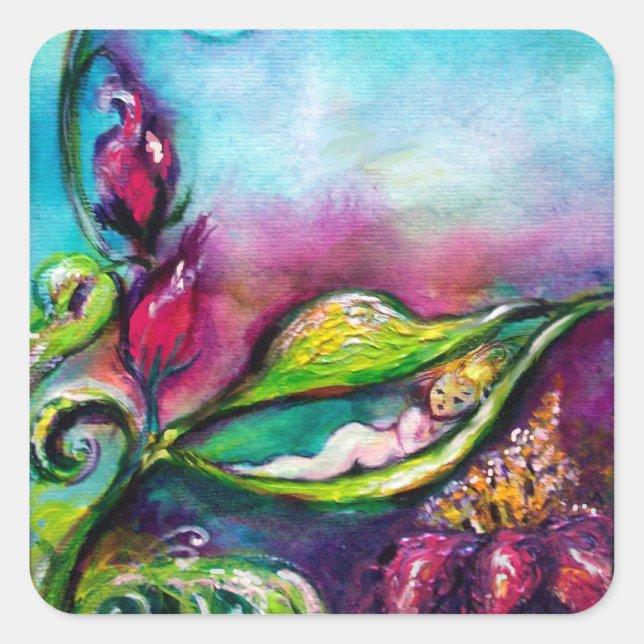 THUMBELINA SLEEPING BETWEEN ROSE LEAVES SQUARE STICKER (Front)