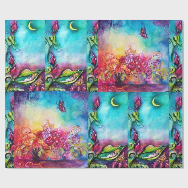 THUMBELINA SLEEPING BETWEEN ROSE LEAVES WRAPPING PAPER (Flat)