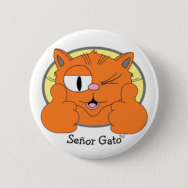 Thumbs Up Mustache Cat Winking Cartoon Cat Button (Front)