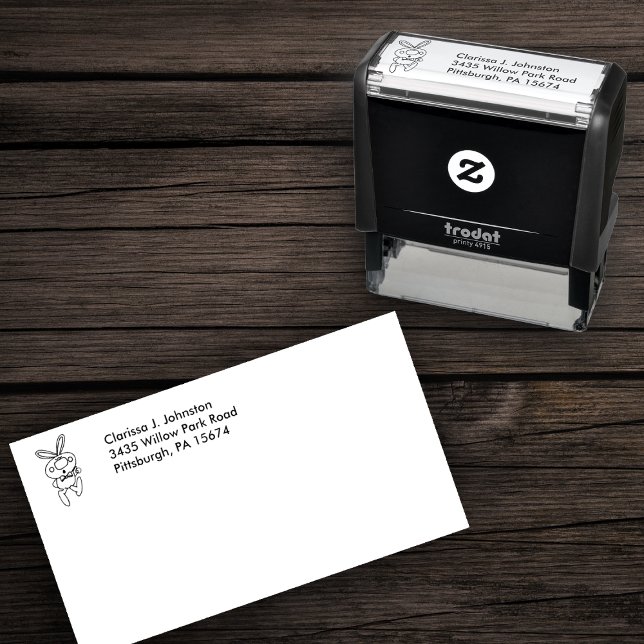 Thumbs Up Rabbit Drawing Big Nose Bow Tie Self-inking Stamp (Cute bunny rabbit drawing giving thumbs up wearing bow tie on self inking return address stamp.)