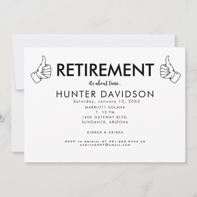 Thumbs Up Retirement Party "It's About Time" B/W Invitation (Front)