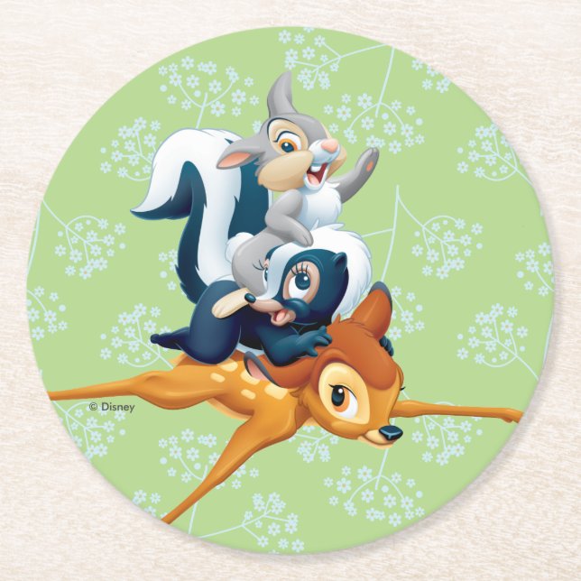 Thumper, Flower, & Bambi Stacked During Play Round Paper Coaster (Front)