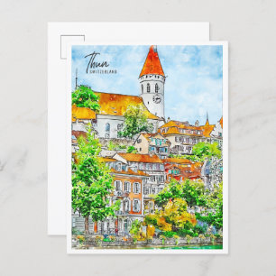 Thun Switzerland vintage travel watercolor Postcard