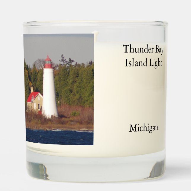 Thunder Bay Island Lighthouse glass candle (Front)
