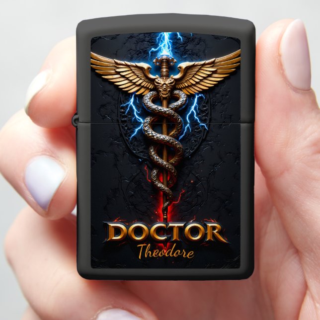 Thunder Caduceus Doctor Physician Gift Gold Zippo Lighter (In Hand)