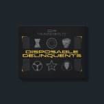Thunderbolts* | Disposable Delinquents Canvas Print<br><div class="desc">Bring a tactical, underground vibe to your apparel and accessories with the "Disposable Delinquents" team roster. This design features a clean yet gritty arrangement of the squad's signature symbols, from Bucky’s star to Ghost’s mask. The high-contrast black, silver, and gold palette makes it a striking piece for any fan’s collection,...</div>