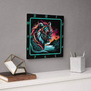 Thunderous Neon Tiger Majesty Square Wall Clock