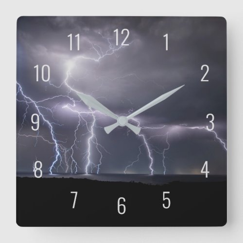 Thunderstorm Lightning Storm Black  Purple Square Wall Clock