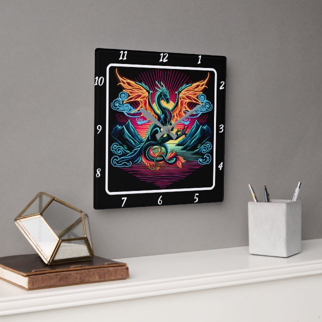 Thunderstrike Neon Dragon Square Wall Clock (Office)