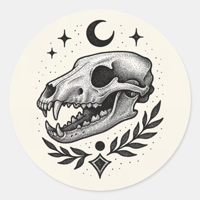 Thylacine Skull – Dotwork Tattoo-Inspired Design Classic Round Sticker (Front)