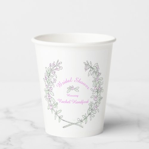 Thyme flower wreath bridal shower green gray pink paper cups