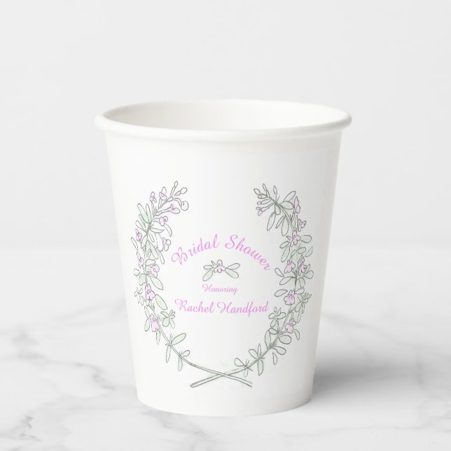 Thyme flower wreath bridal shower green gray pink paper cups (Front)