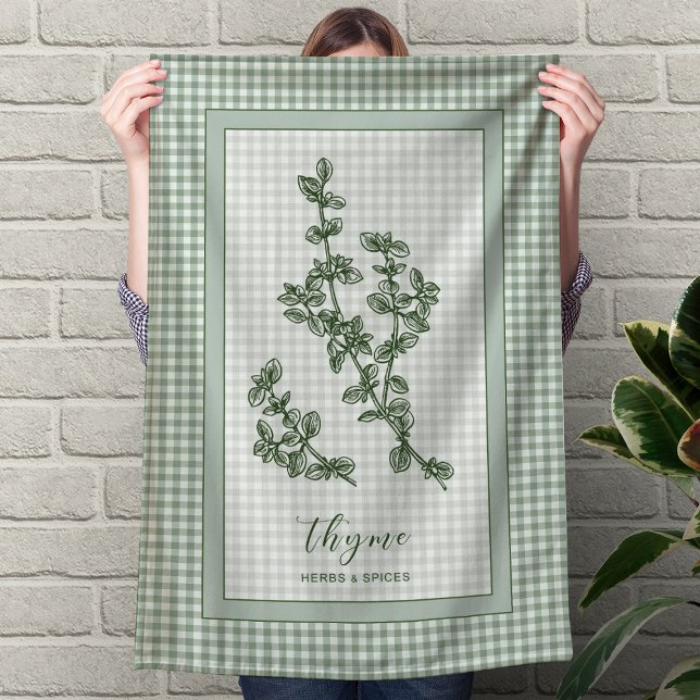 Thyme Herb Kitchen Towel – Green Gingham Border (Thyme Herb Kitchen Towel – Green Gingham Border)