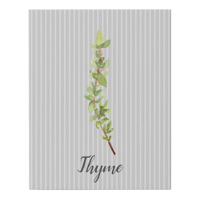 Thyme Herb Watercolor Gray Stripe Faux Canvas Print (Front)