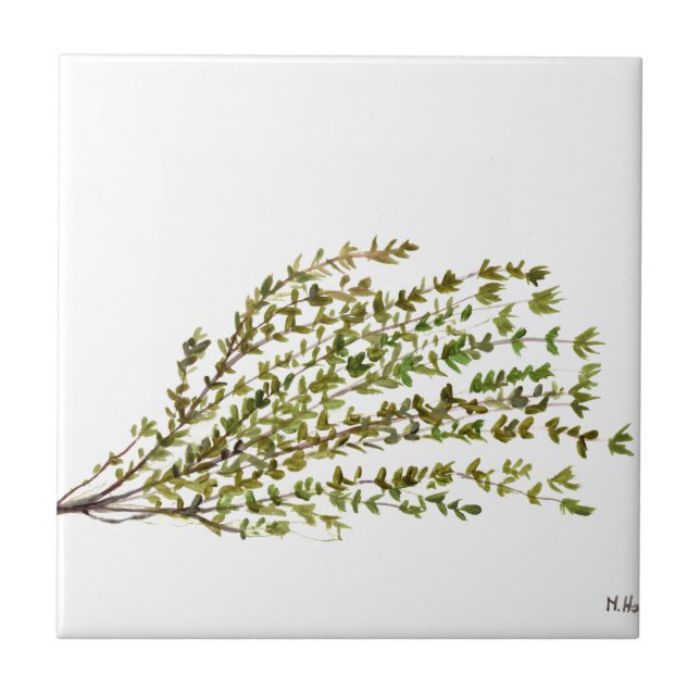Thyme herbs kitchen art watercolour painting ceramic tile (Front)