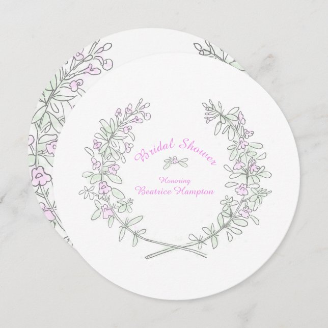Thyme wreath art round bridal shower invites (Front/Back)