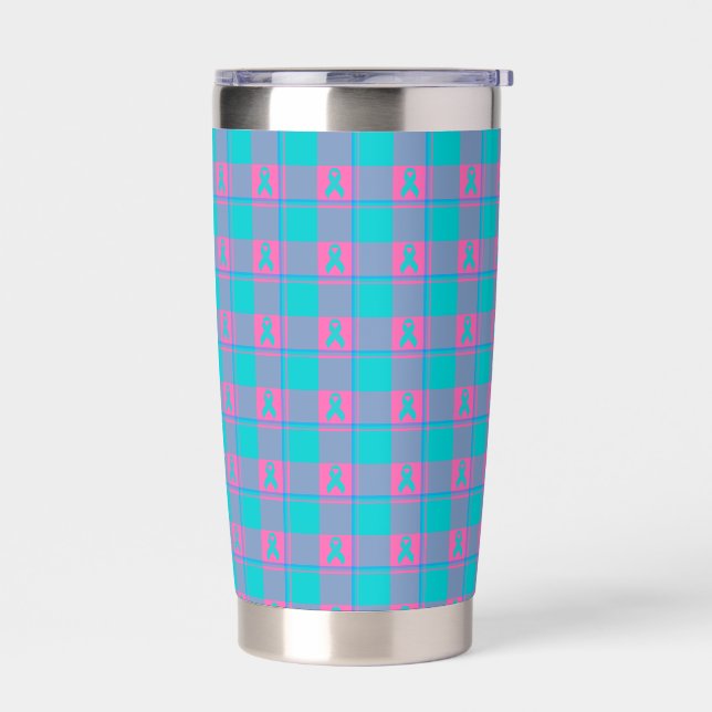 Thyroid Cancer Awareness Plaid Teal Ribbon Insulated Tumbler (Left)