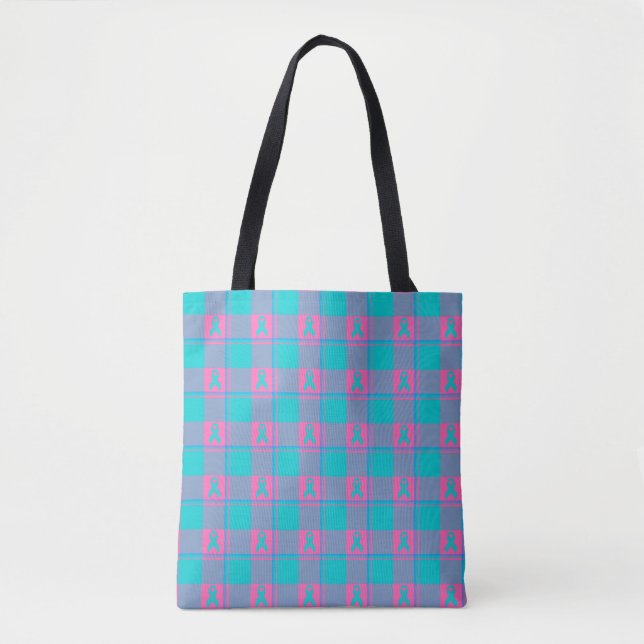 Thyroid Cancer Awareness Plaid Teal Ribbon Tote Bag (Front)