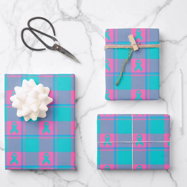 Thyroid Cancer Awareness Plaid Teal Ribbon Wrapping Paper Sheets (Front)