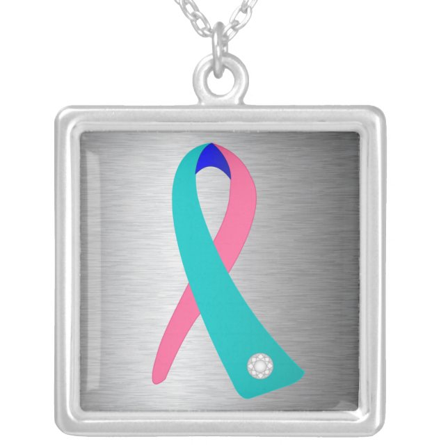 Thyroid Cancer Awareness Ribbon Silver Plated Necklace (Front)
