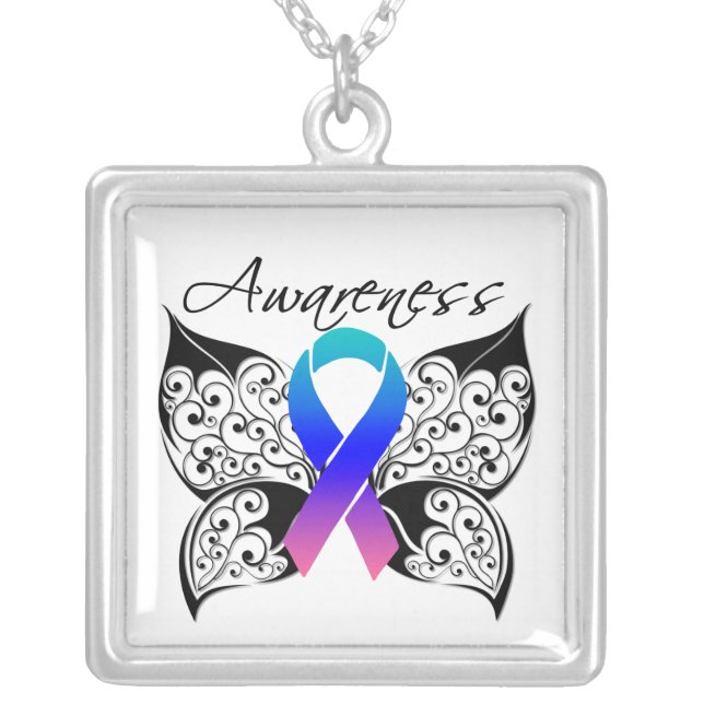 Thyroid Cancer Awareness Tattoo Butterfly Silver Plated Necklace (Front)
