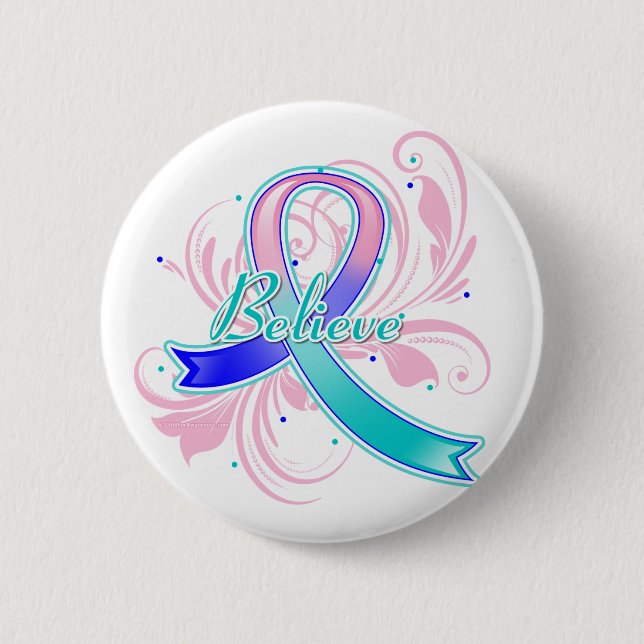 Thyroid Cancer Believe Flourish Ribbon Button (Front)