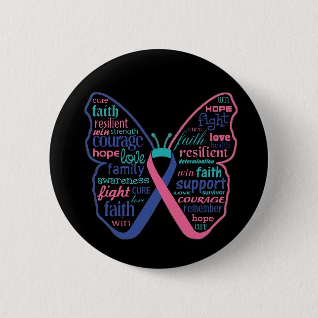 Thyroid Cancer Butterfly Collage of Words Button (Front)