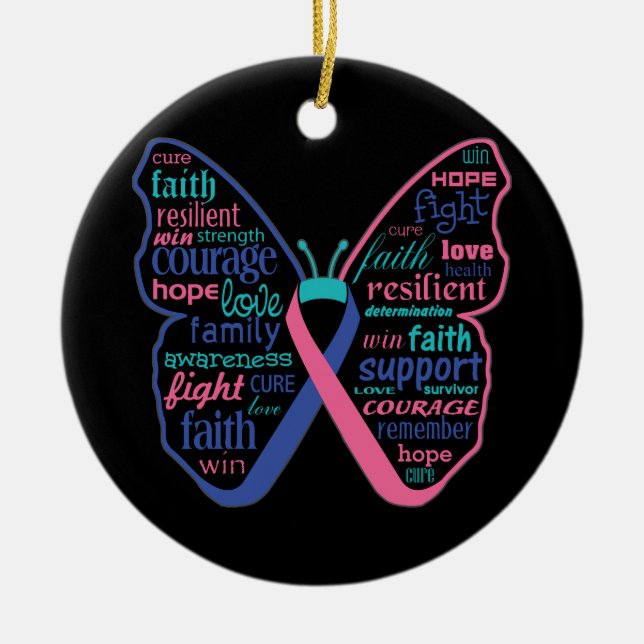 Thyroid Cancer Butterfly Collage of Words Ceramic Ornament (Front)