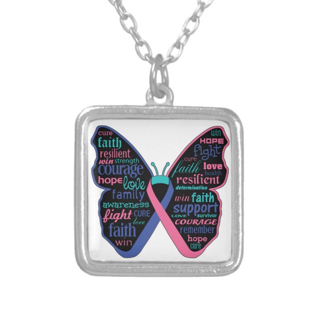 Thyroid Cancer Butterfly Collage of Words Silver Plated Necklace (Front)