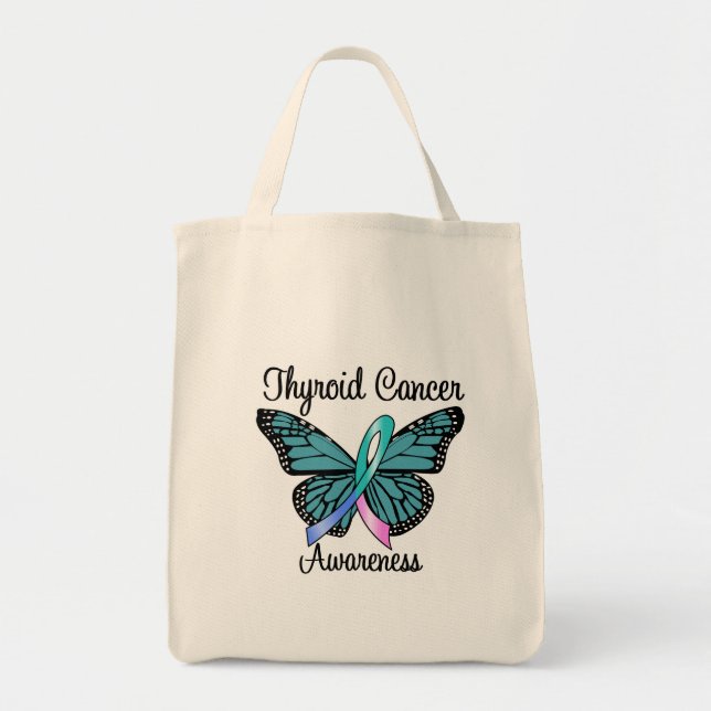 Thyroid Cancer Butterfly Ribbon Tote Bag (Front)