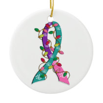 Thyroid Cancer Christmas Lights Ribbon Ceramic Ornament