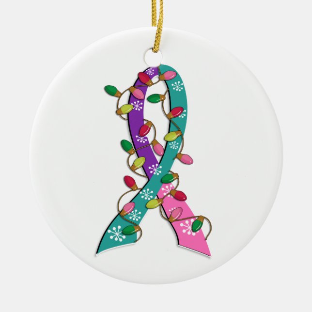 Thyroid Cancer Christmas Lights Ribbon Ceramic Ornament (Front)