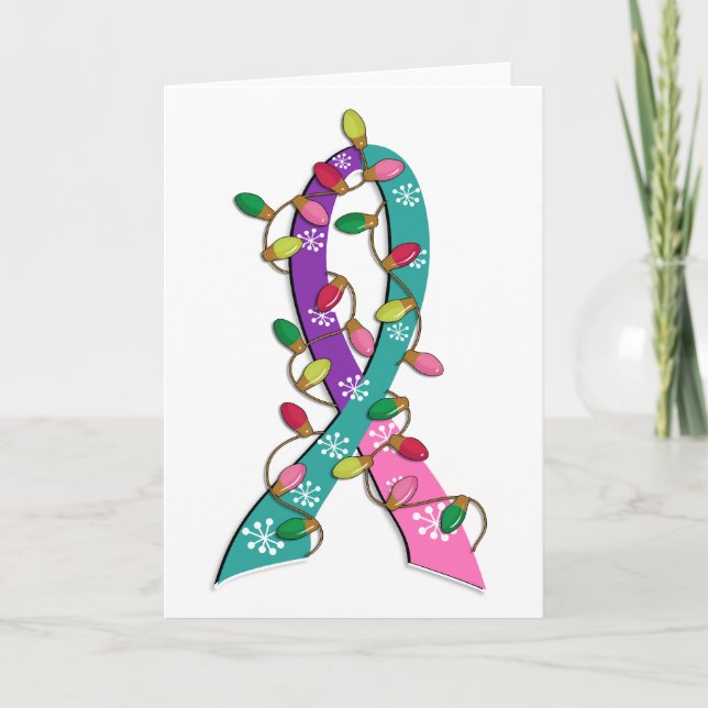 Thyroid Cancer Christmas Lights Ribbon Holiday Card (Front)