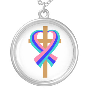 Thyroid Cancer Cross Heart Ribbon Silver Plated Necklace