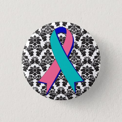 Thyroid Cancer Damask Black Ribbon Pinback Button
